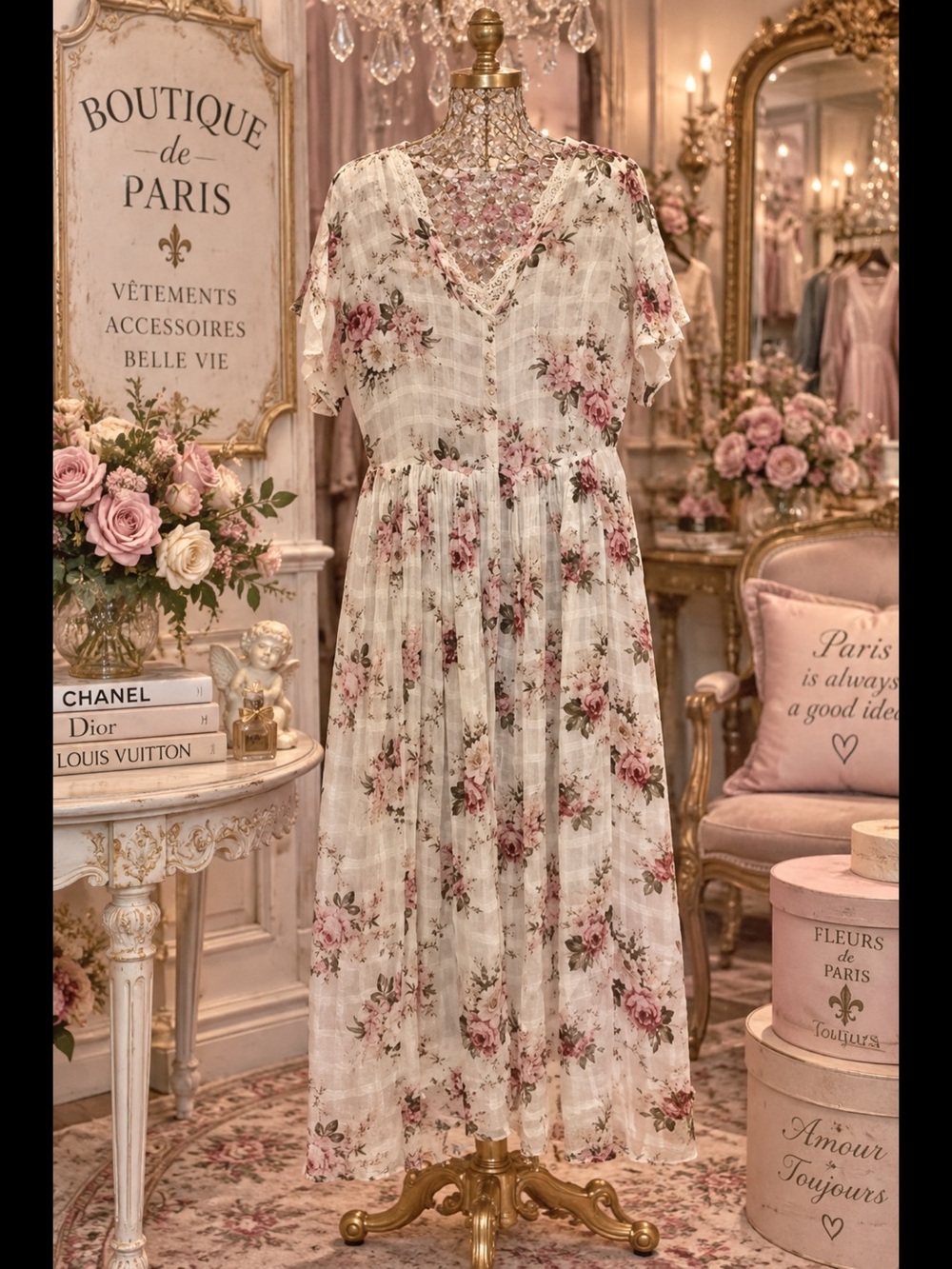 Vintage Cream Floral Maxi Dress with Pink Rose Print